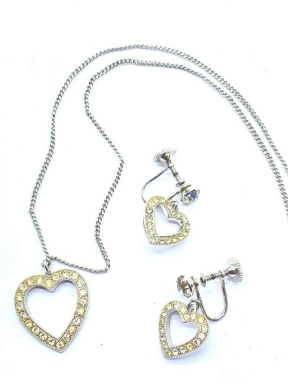 Vintage Weiss Silver Heart Crystal Pendant Necklace and Screw-Back Earrings Set